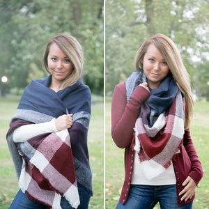 New Plaid Blanket Scarf- burgundy and navy
